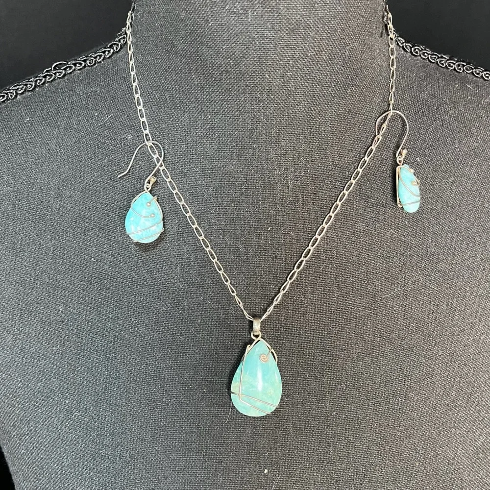 Teardrop Gemstone Wire Wrapped Pendant Necklace and Matching Dangle Earrings Set